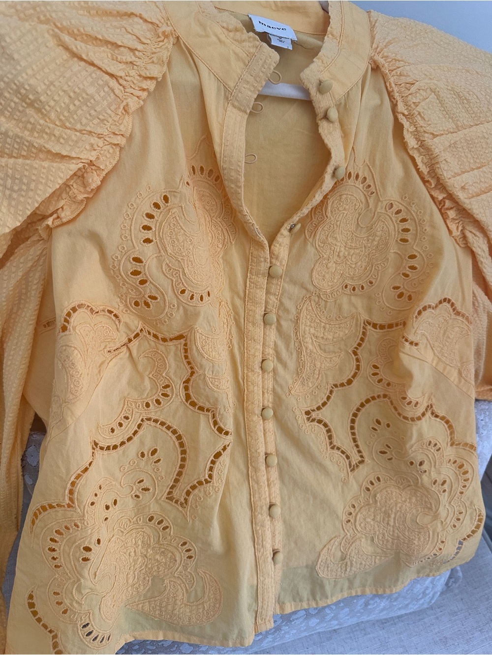 Anthropologie Maeve Yellow Eyelet Button-Front Blouse - Picture 4 of 6